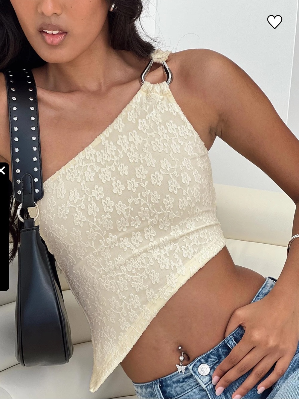 Princess Polly Women’s 6 Toomba One-Shoulder Silver Ring-Detail Crop Top - Cream